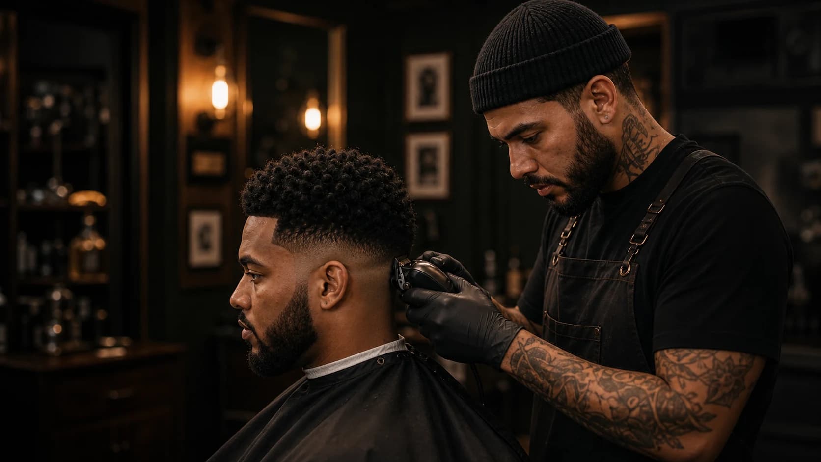 Barber shaping a client's beard with a straight razor